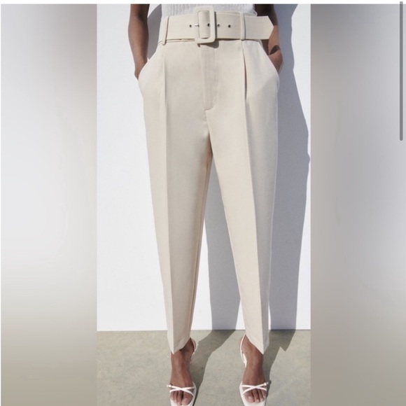Zara Women’s High Waisted Trouser w/ Fabric Covered Belt. Small. Cream. EUC. - Picture 4 of 10